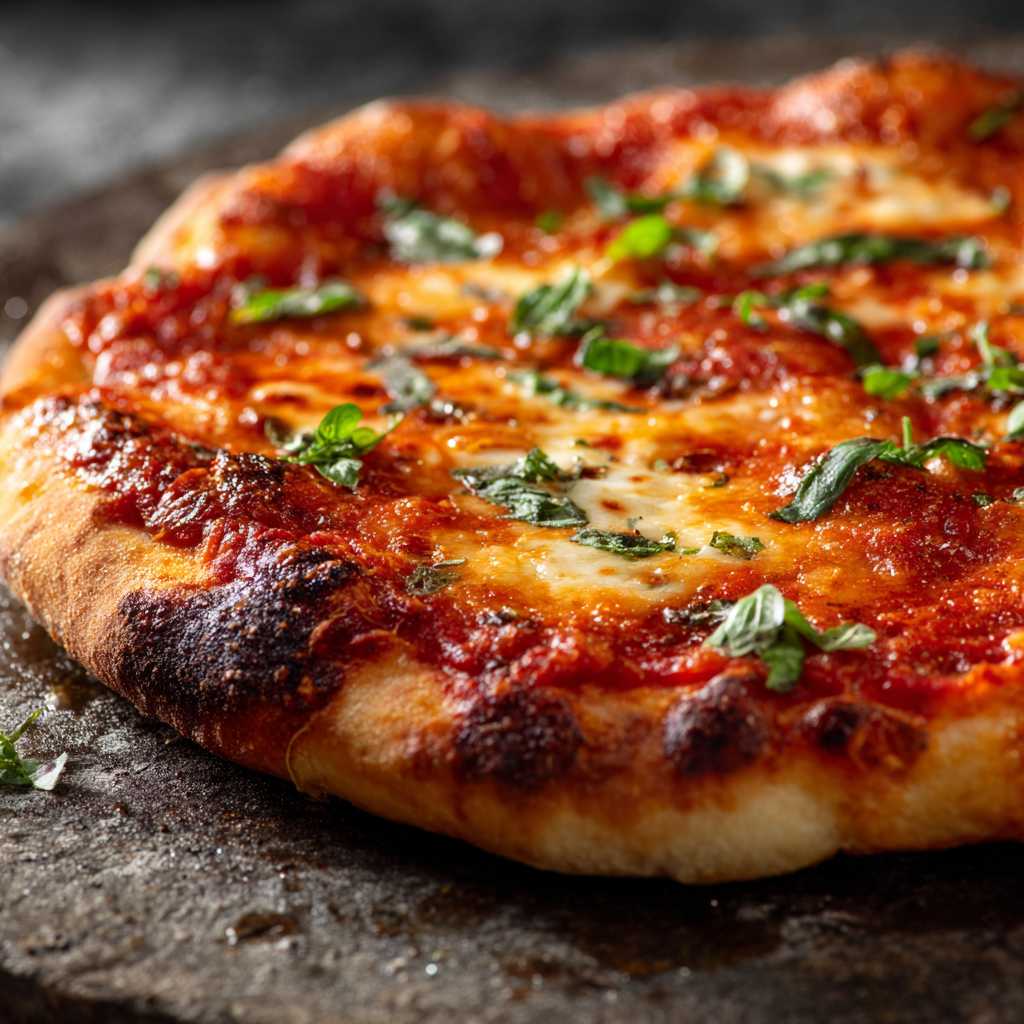 freshly made Margherita pizza with bubbling cheese and vibrant tomato sauce.
