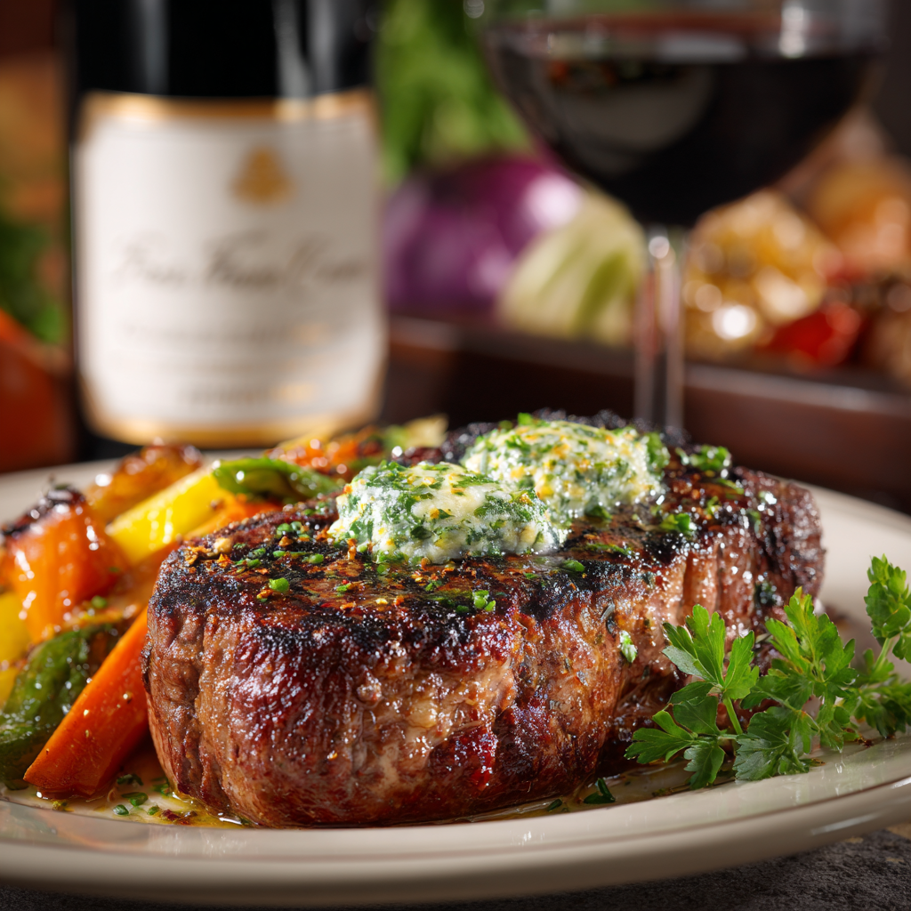 grilled ribeye steak with peppercorn herb butter melting on top, showcasing the tender, juicy interior of the meat.