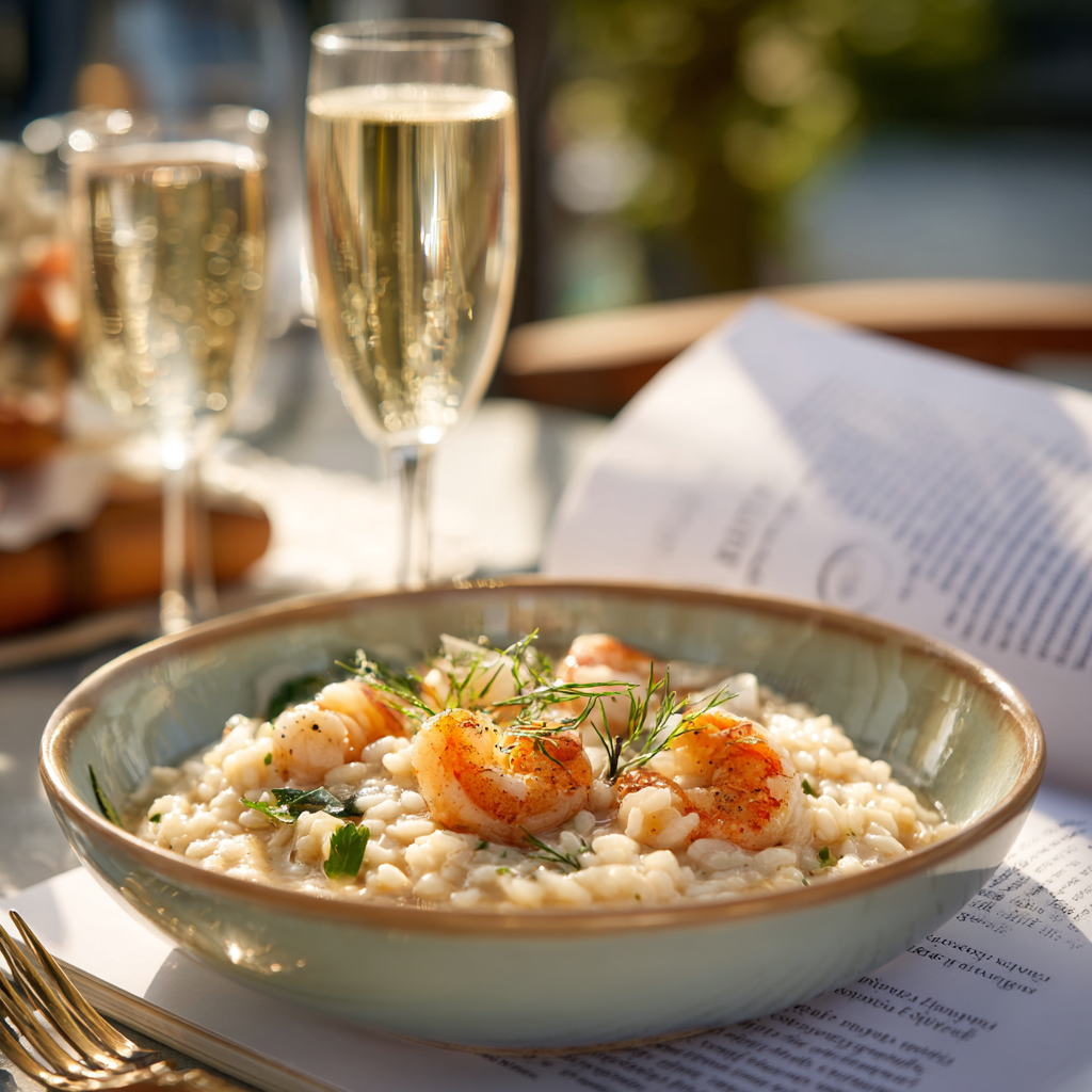 creamy seafood risotto in a bowl with shrimp, scallops, and delicate herbs on top