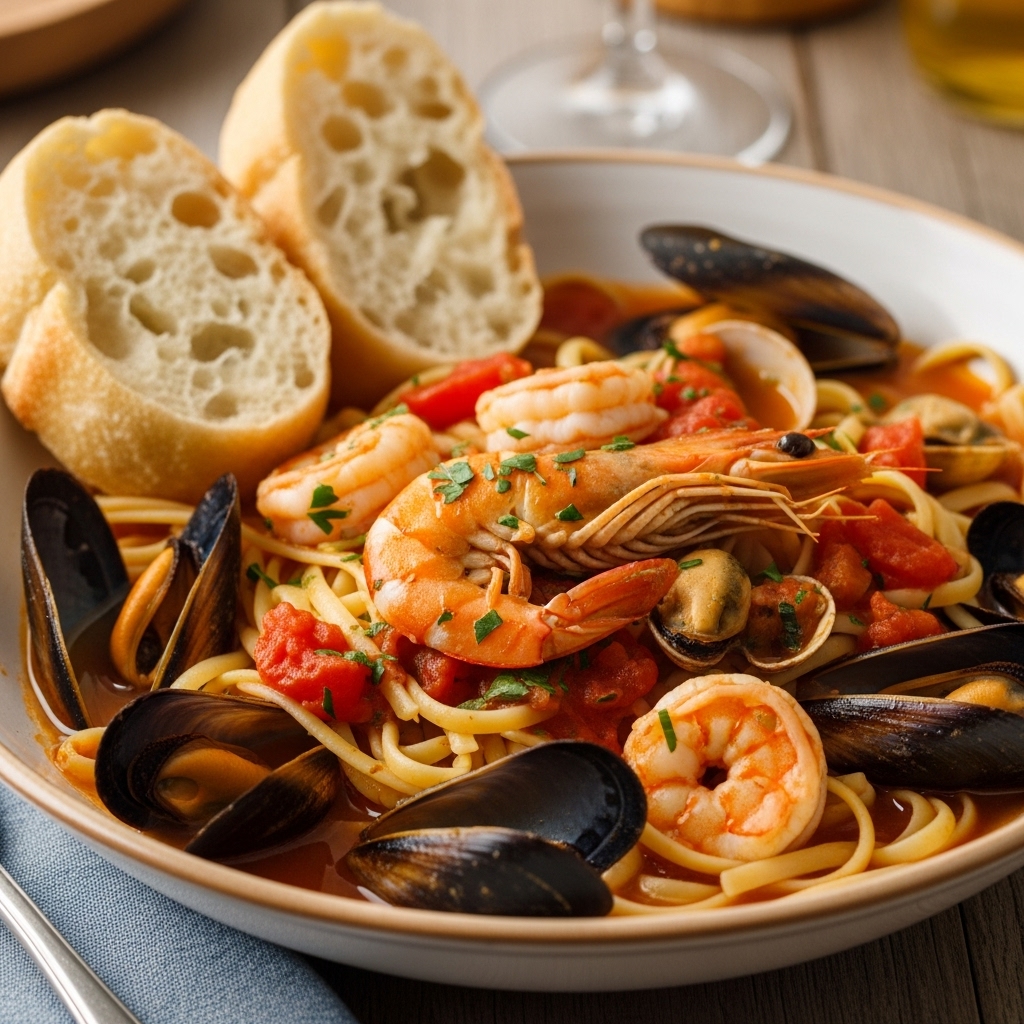Zuppa di Pesce in a wide bowl, surrounded by bread and wine glasses
