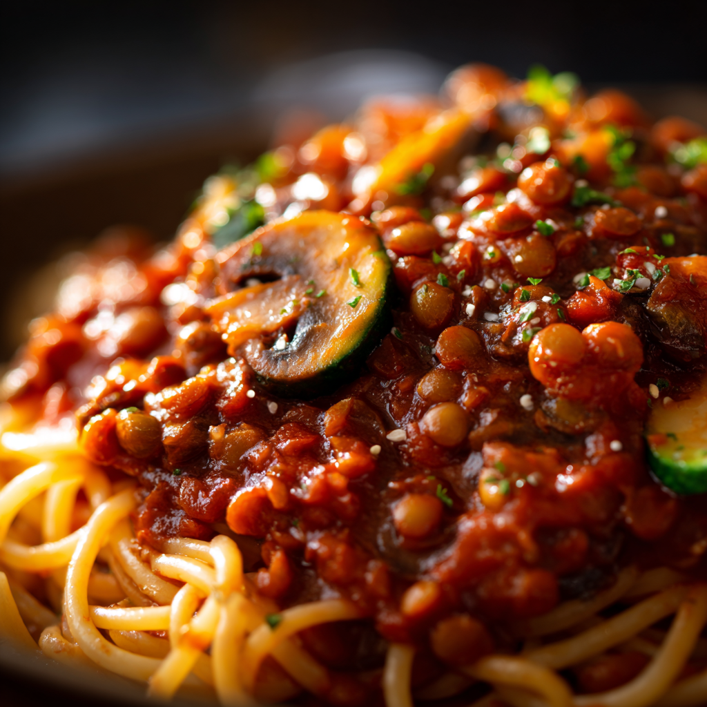 vegan lentil bolognese sauce on pasta, showing thick texture with softened red lentils