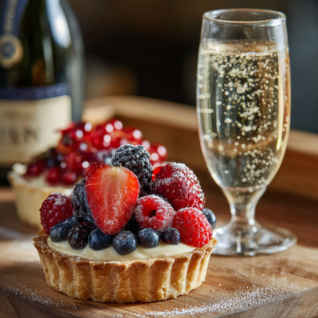 delicate fruit tart paired with a glass of chilled Prosecco and a bottle of Asti Spumante.