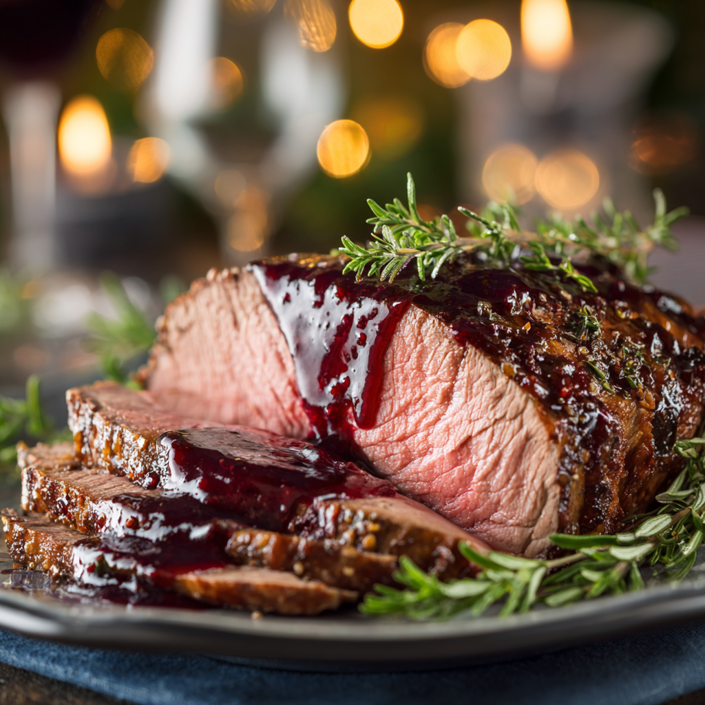 roasted beef with a glistening red wine sauce on top.