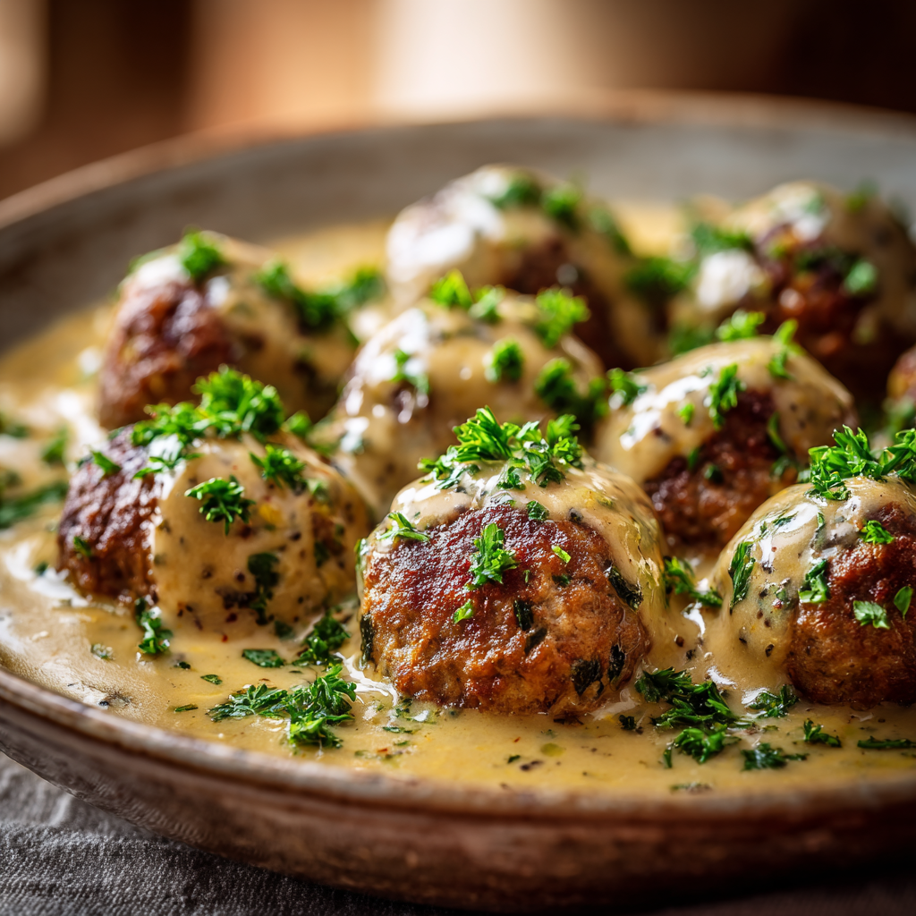 Polpette di Lenticchie arranged neatly on a rustic plate, topped with a rich, creamy Swedish gravy.