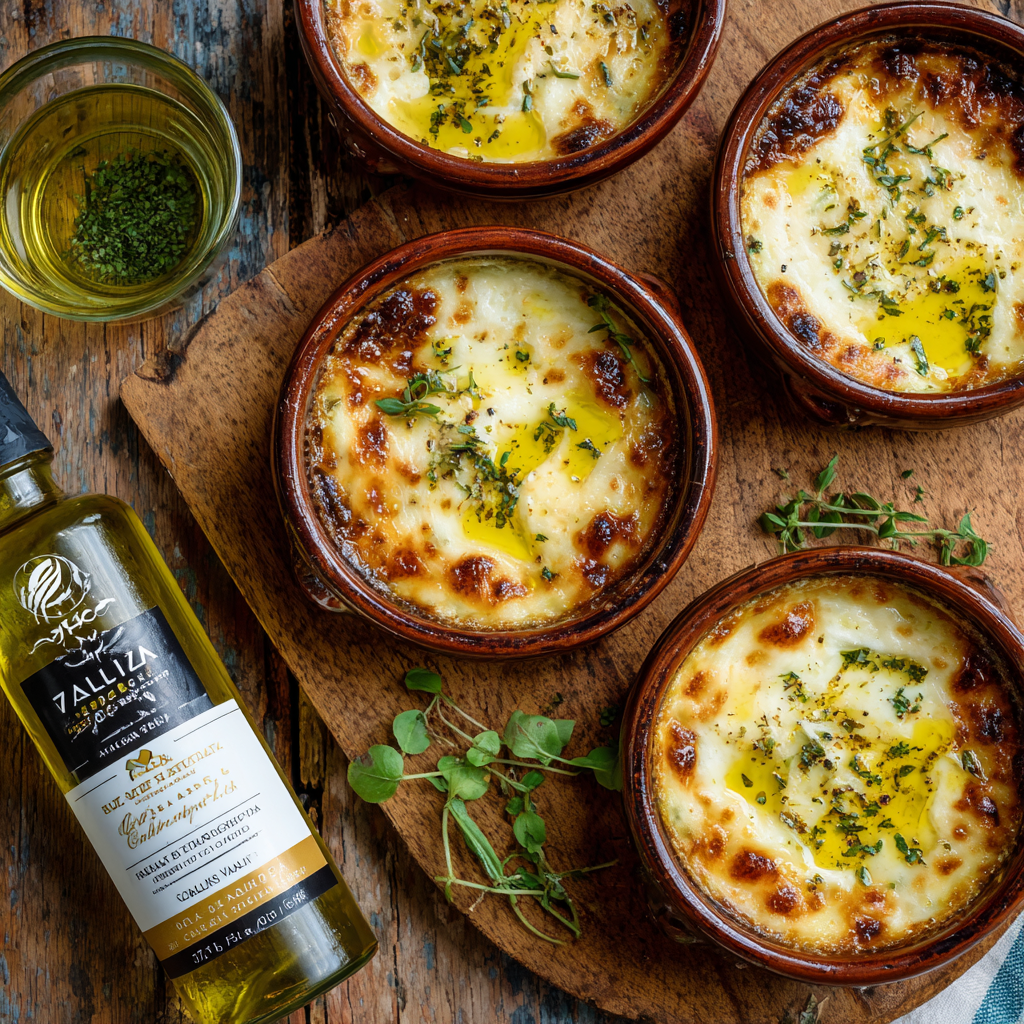 Zuppa Valdostana in small, oven-safe bowls, showing a rich, golden crust with melted cheese stretching from the dish