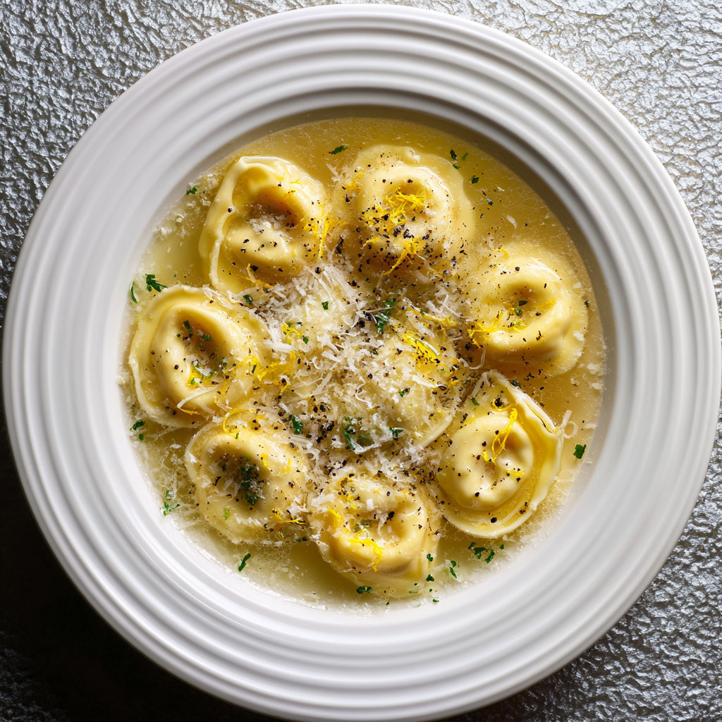 wooden table with a steaming bowl of Tortellini in Brodo surrounded by fresh lemon, Parmesan rind, and a small dish of grated cheese.