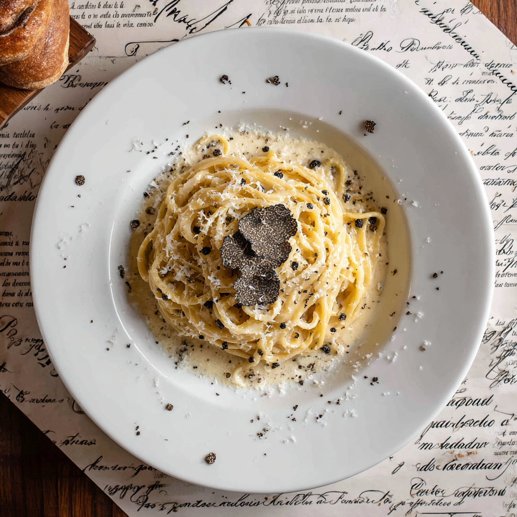 gourmet Italian pasta dish, featuring tagliatelle noodles drenched in a luxurious black truffle sauce, garnished with thin slices
