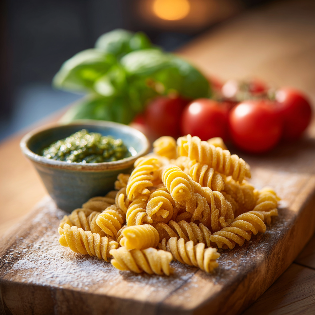 fusilli pasta, shaped by hand and resting on a wooden cutting board.