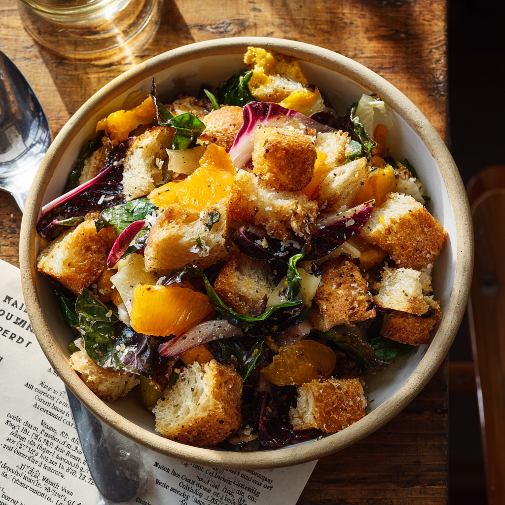 Winter Panzanella, showing toasted croutons, colorful roasted vegetables, and tender greens like spinach.