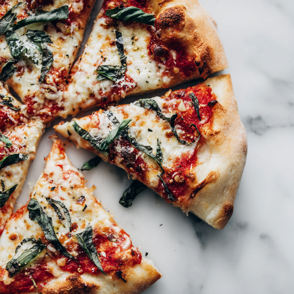 vegan margherita pizza sliced into pieces, soft airy crust, melted plant-based cheese, basil leaves scattered, clean minimal styling