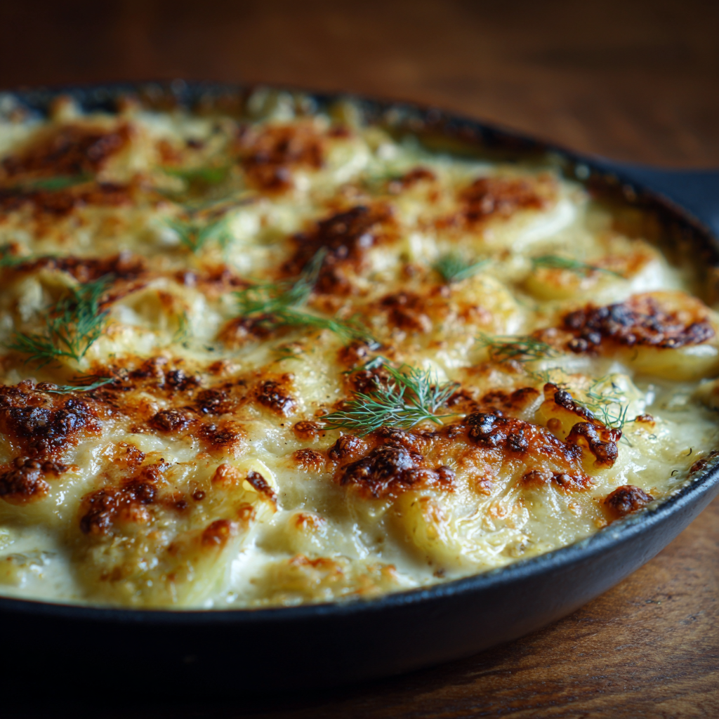 fennel gratin freshly baked, showing a golden crust with bubbly, melted cheese.