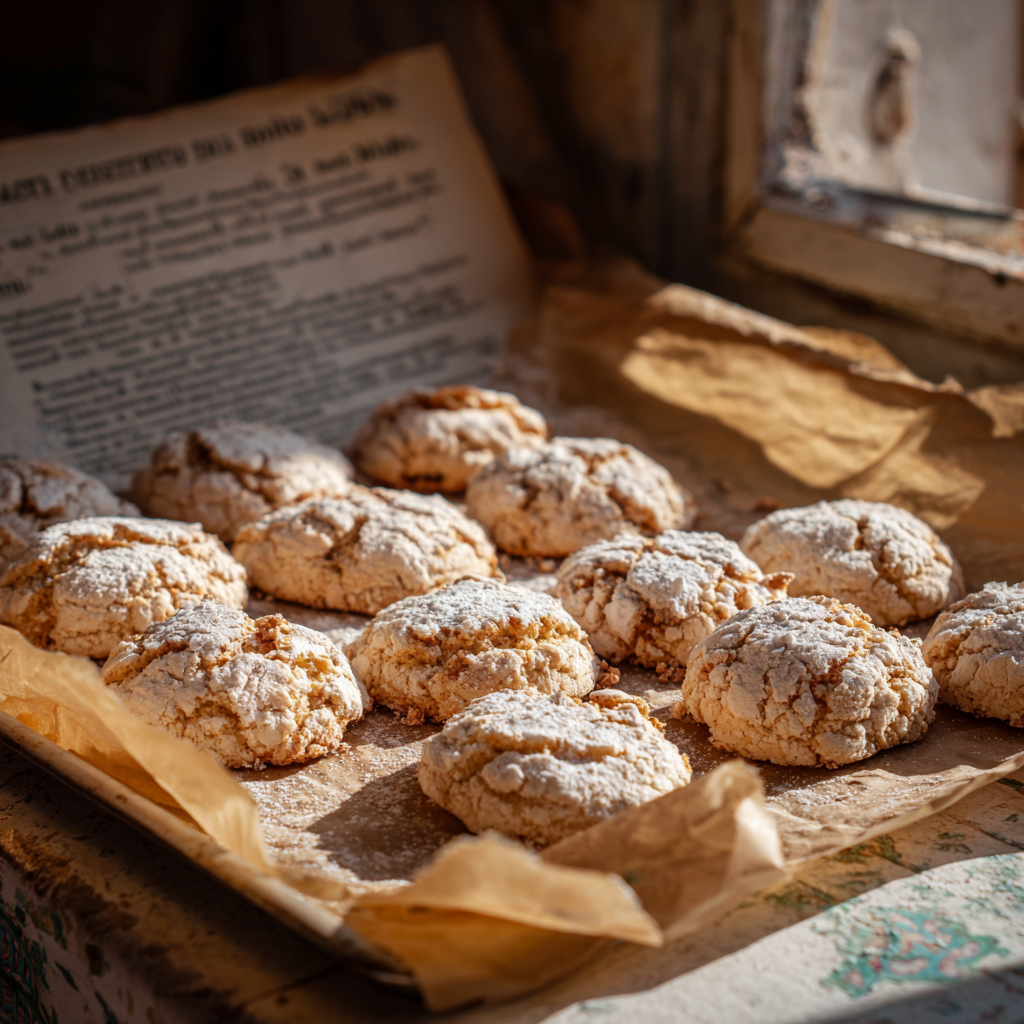 Italian kitchen counter with a batch of Brutti ma Buoni cookies arranged on a parchment-lined baking sheet.