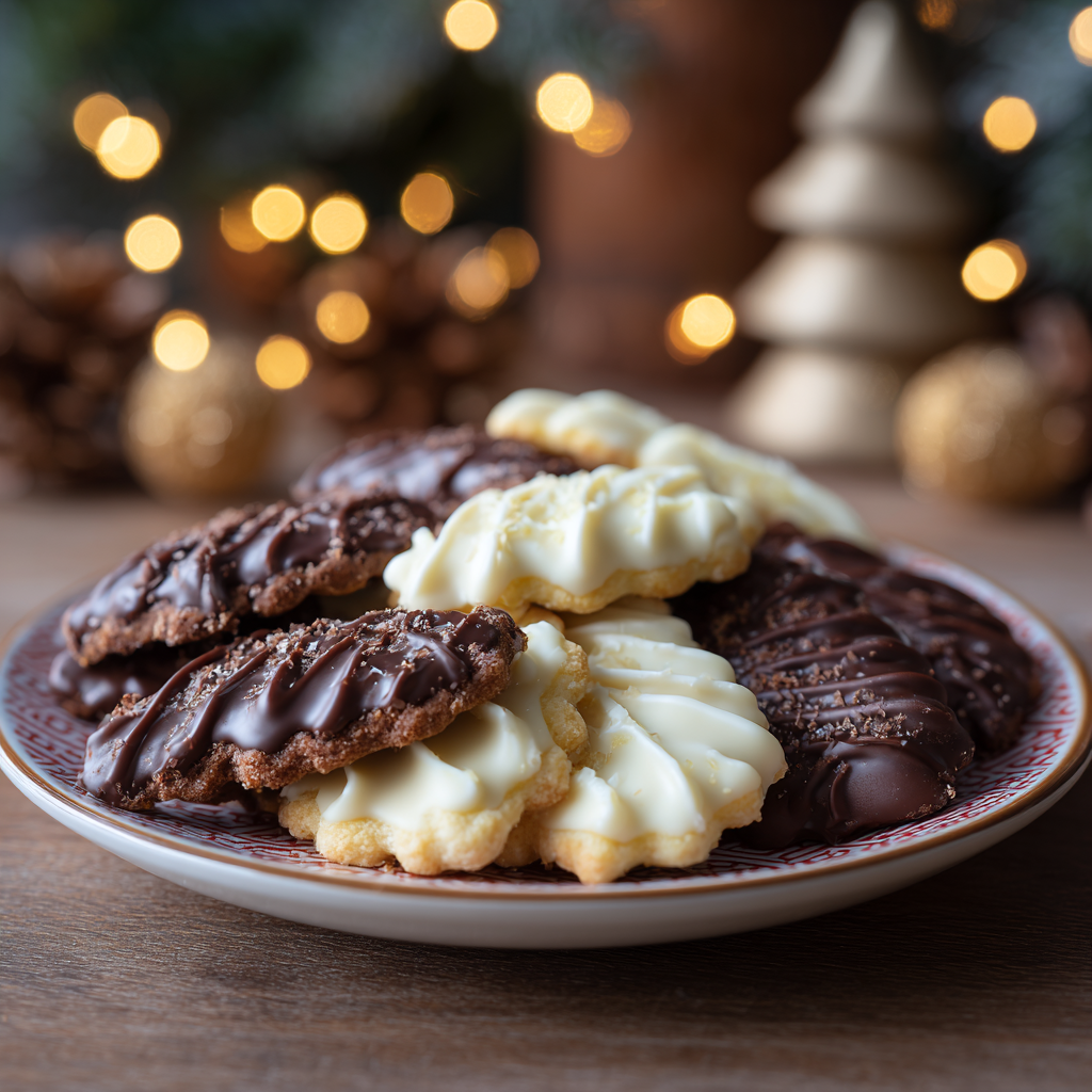 variety of Mostaccioli cookies arranged in overlapping rows, with both dark and white chocolate-coated versions.