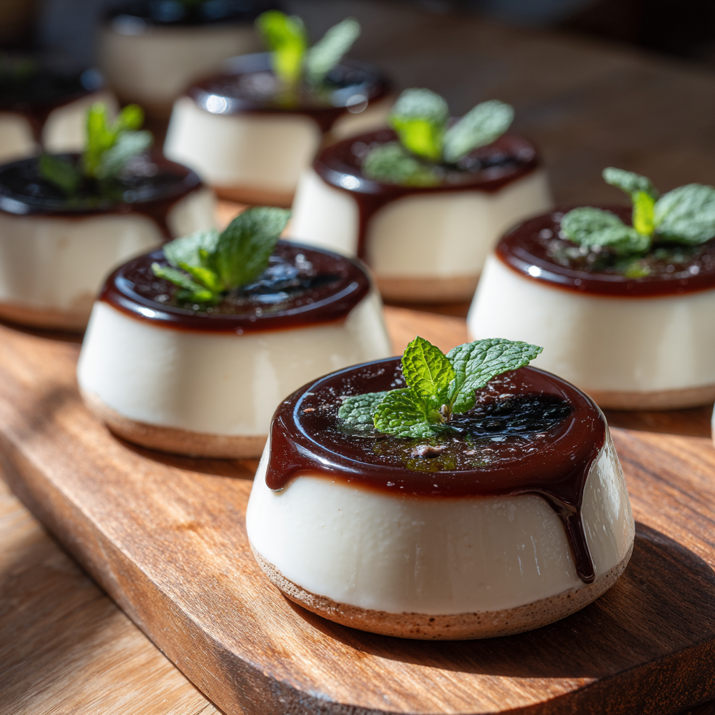 rustic kitchen setting with natural light highlighting the smooth texture of the panna cotta.