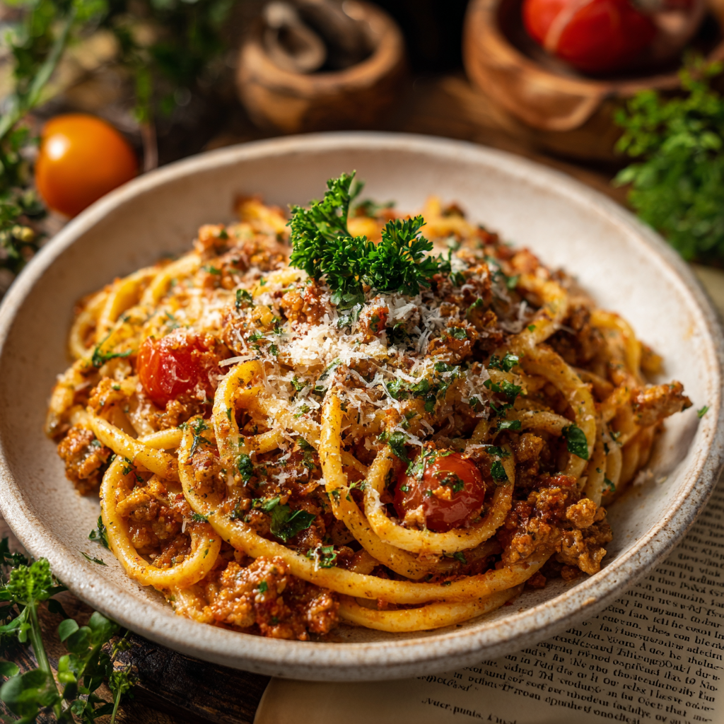 a plate of Southern Italian spicy sausage pasta served with grated Pecorino cheese on top, alongside a sprinkle of fresh parsley.