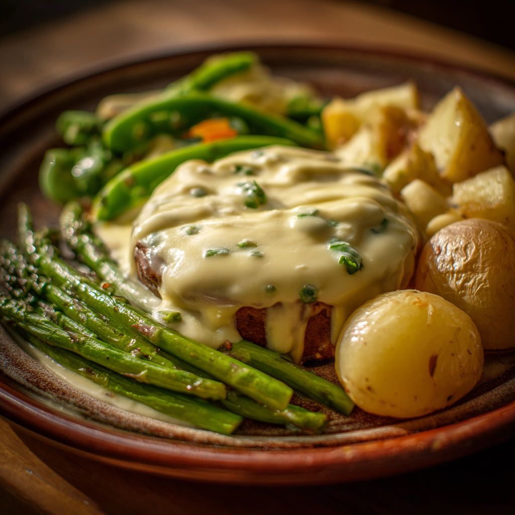 fonduta serving on a rustic plate with a few boiled potatoes, steamed vegetables