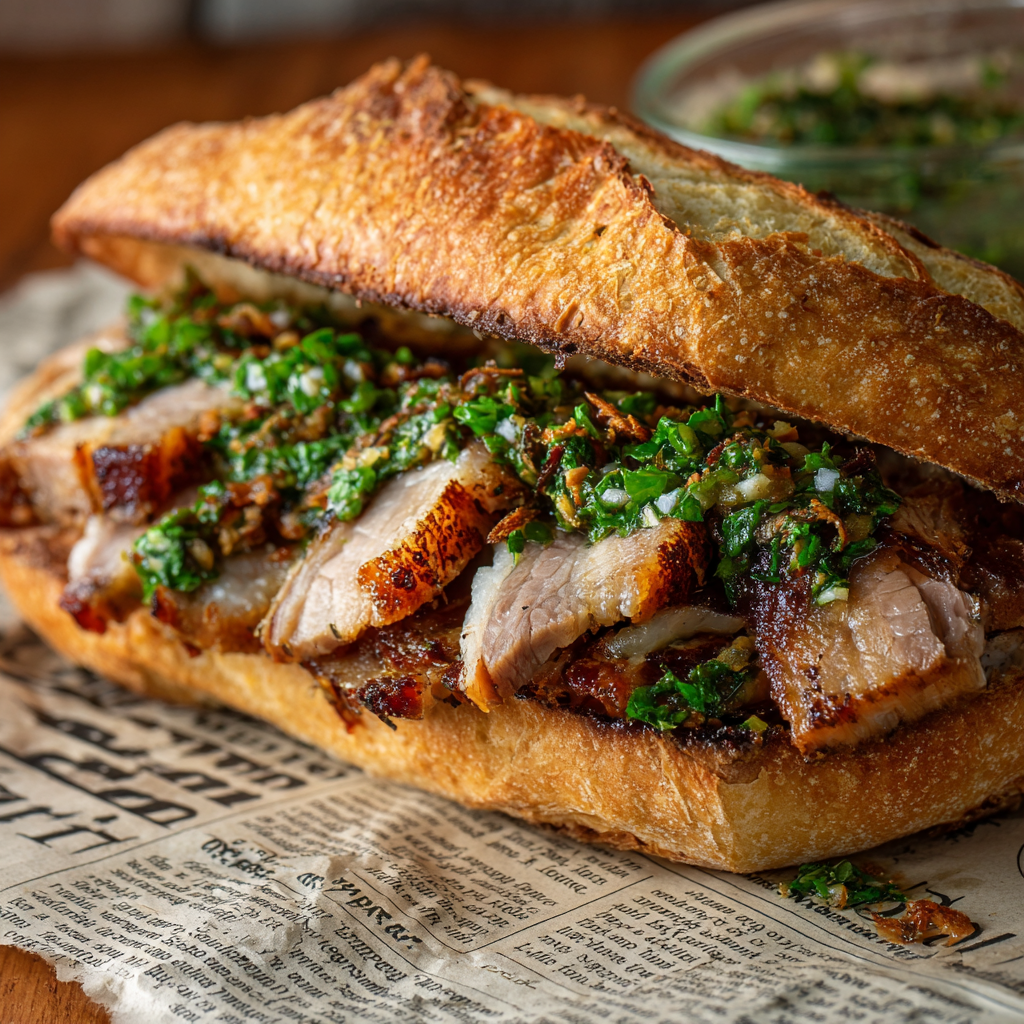 Umbrian porchetta sandwich with crispy skin and juicy pork slices, served on sourdough bread.