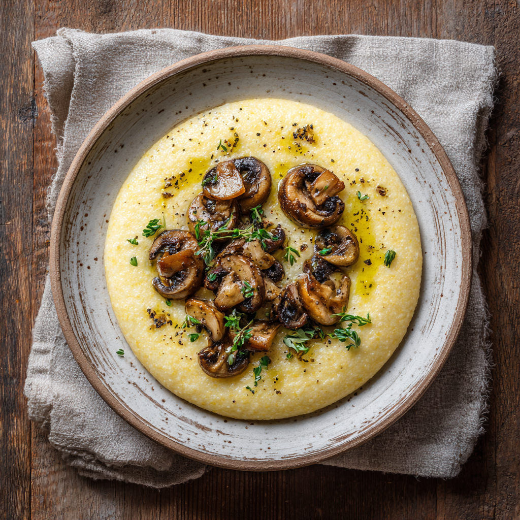 creamy polenta with roasted mushrooms on a rustic white plate