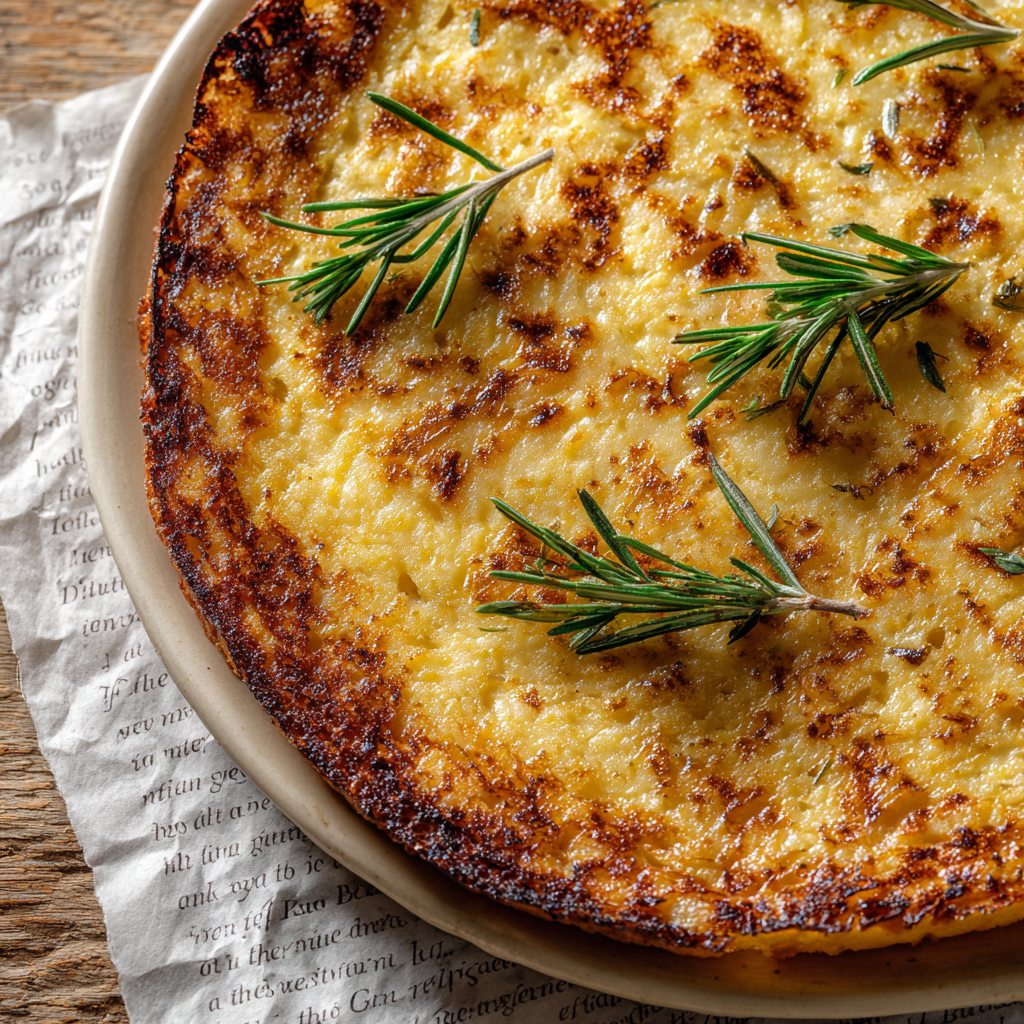 golden farinata di ceci, showing the lacy, crispy edges and tender, custardy center