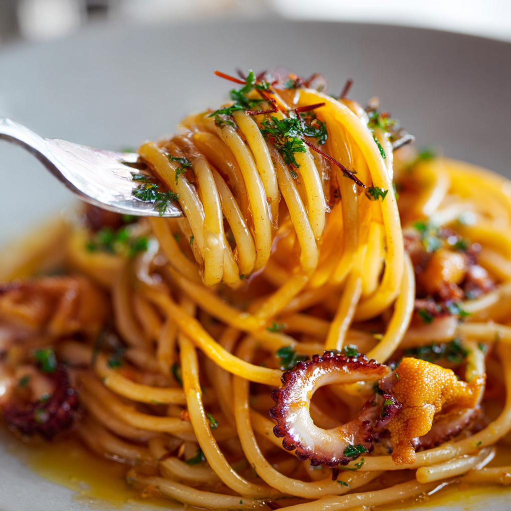 spaghetti ai ricci di mare, with the pasta wrapped elegantly on a fork, showing the delicate, glossy sauce coating the noodles.