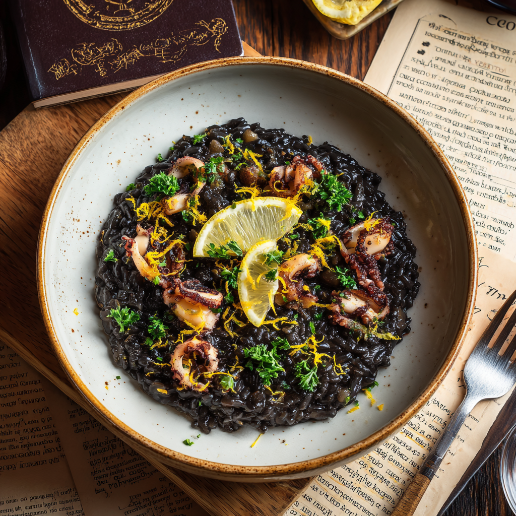 Venetian black risotto on a rustic wooden table.