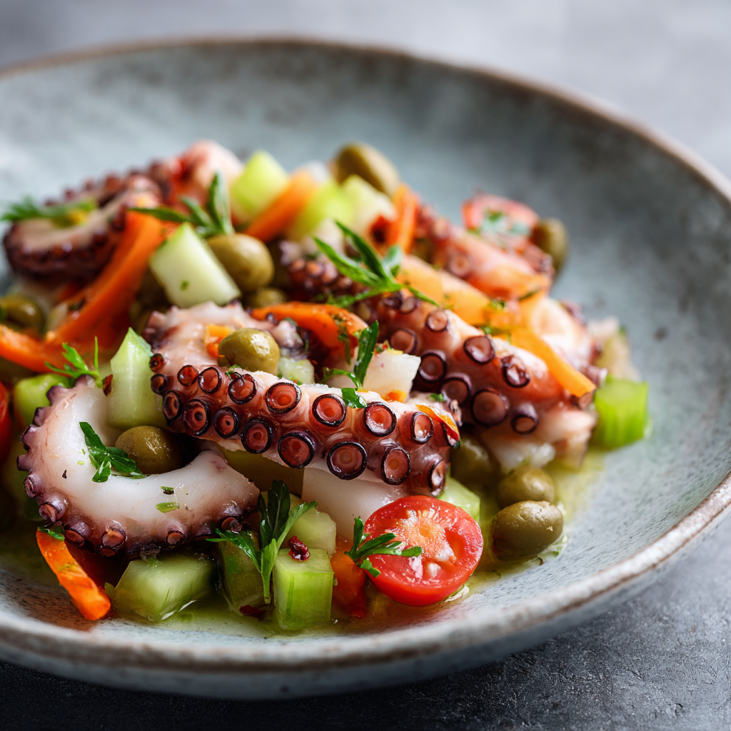 Mediterranean seafood spread featuring Sicilian octopus salad.
