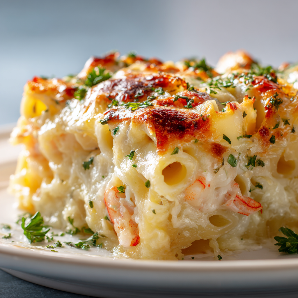slice of seafood pasta bake on a plate.
