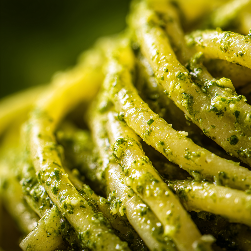 creamy vegan cashew pesto clinging to pasta strands
