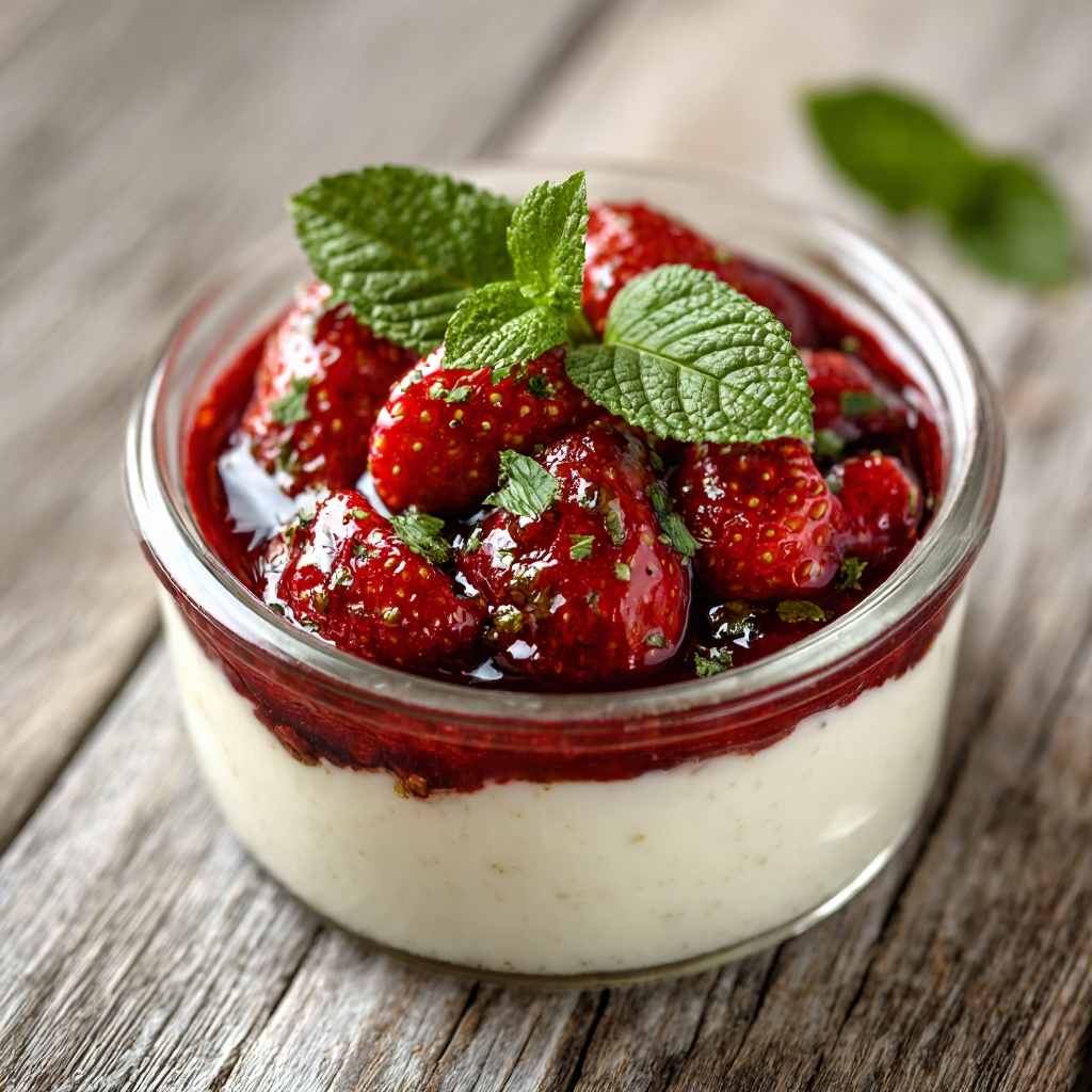 dessert table setting with several servings of strawberry basil panna cotta in elegant glasses.