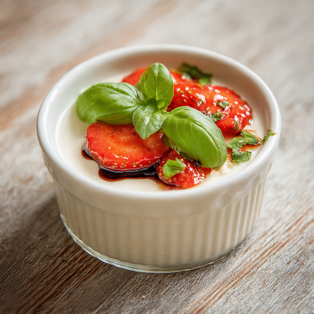 single strawberry basil panna cotta served in a wine glass.