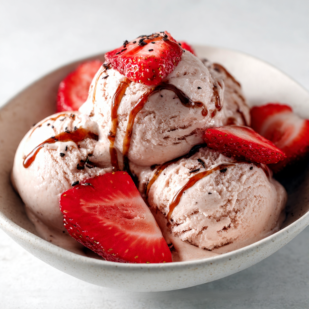 strawberry gelato served in a vintage ice cream cone, with fresh strawberry slices and a touch of balsamic drizzle on top.