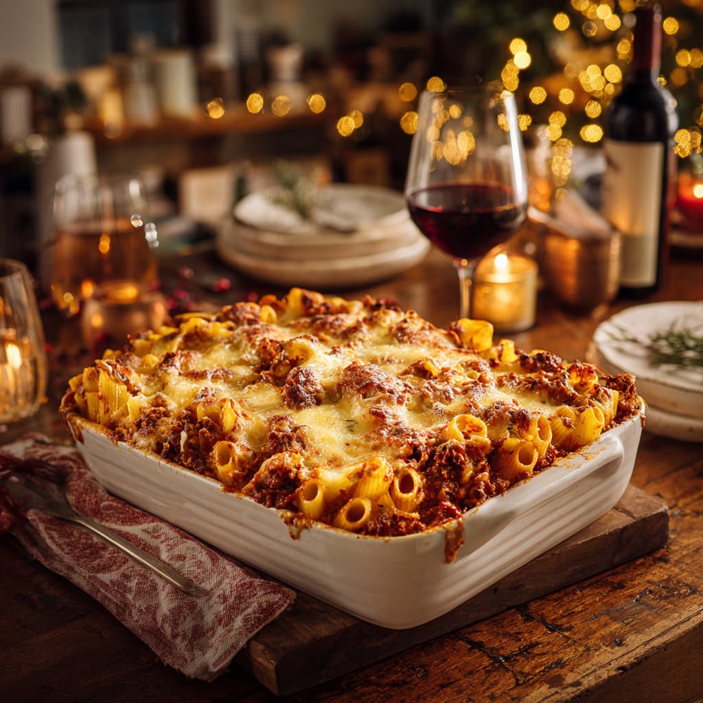 holiday pasta bake freshly out of the oven, showing a golden-brown top with visible layers of cheese and sauce.