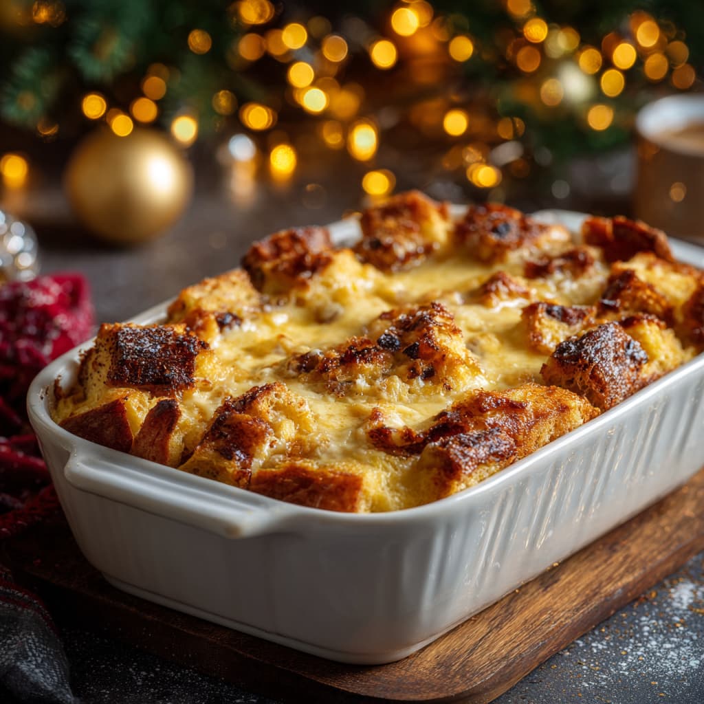 freshly baked panettone bread pudding in a 9x5 loaf pan, showing the rich custard and golden-brown top.