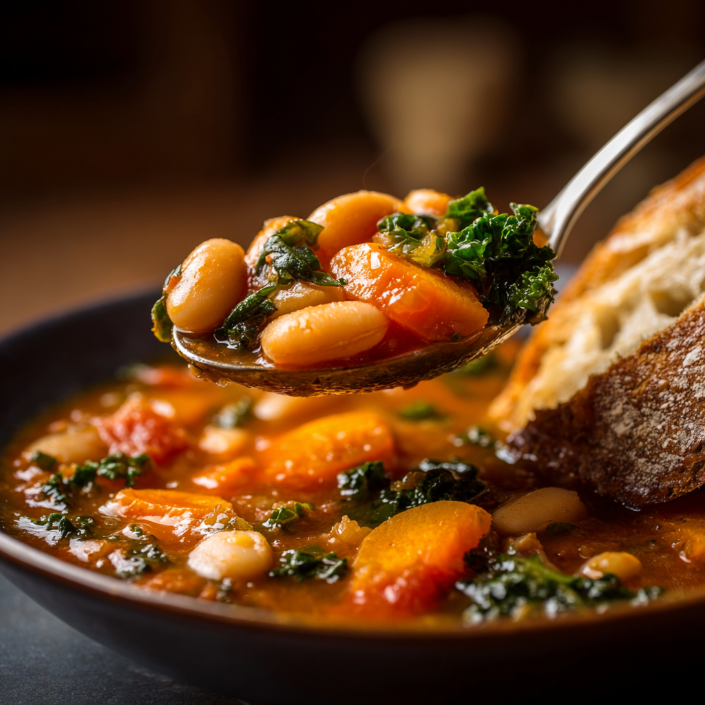 A spoonful of vegan Italian white bean stew being lifted from a bowl with a piece of crusty bread resting on the side.