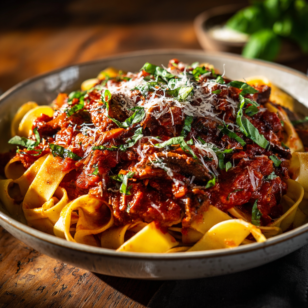 plate of vegan mushroom bolognese pasta on the table. A fork twirls the pasta, and the warm, rich sauce clings to the noodles.