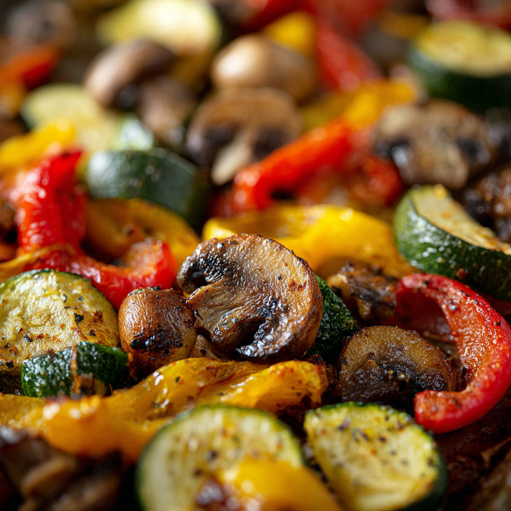 roasted vegetables on a sheet pan, showing caramelized bell peppers, zucchini, mushrooms, and onions.