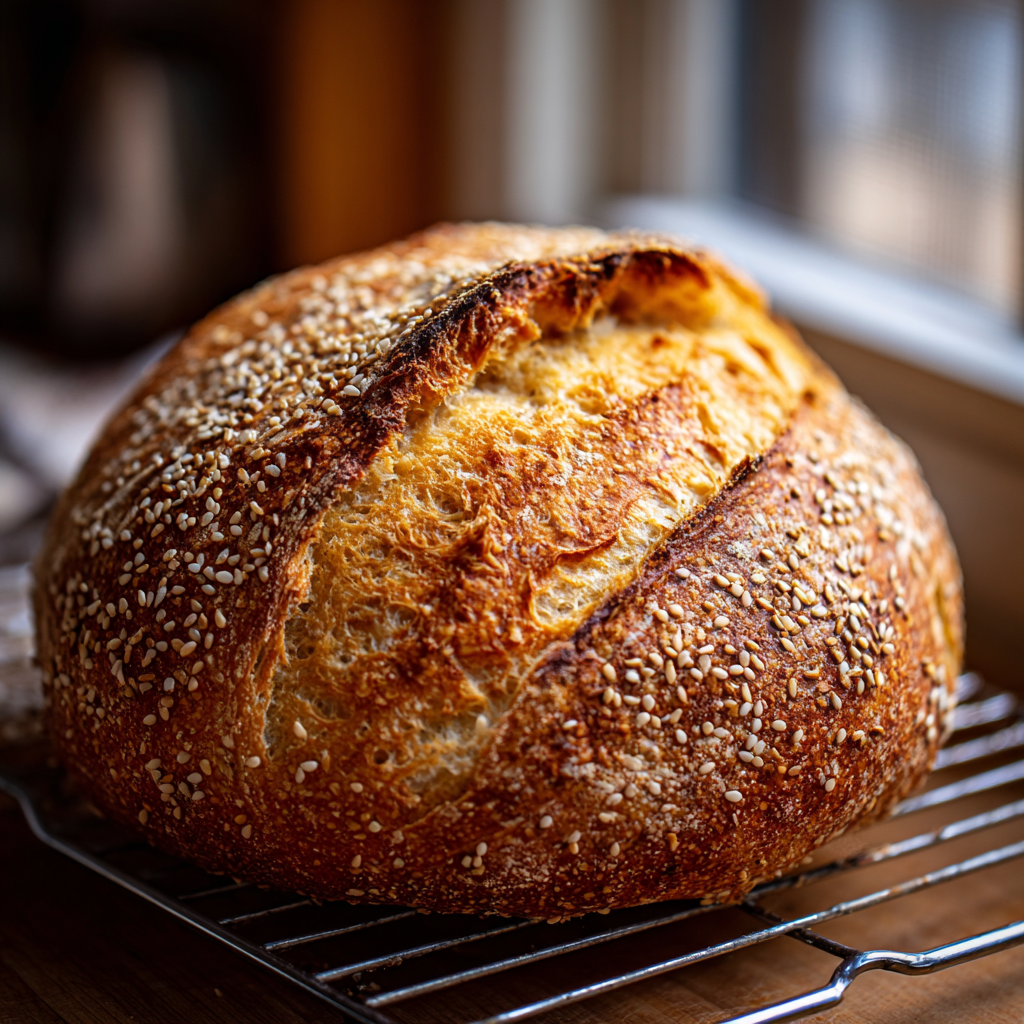 A rustic semolina bread loaf resting on a wire rack, cooling.