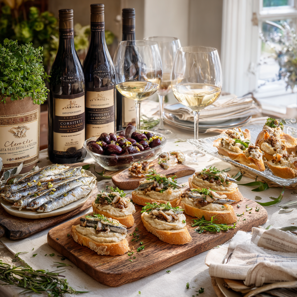 festive dinner table with multiple crostini topped with cannellini bean purée and marinated sardines, alongside other Italian appetizers.