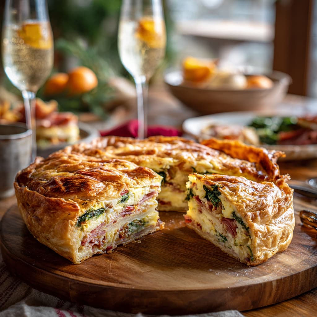 Italian brunch torte served on a plate, showcasing its flaky crescent crust and layers of egg, cheese, roasted red peppers, and meats.