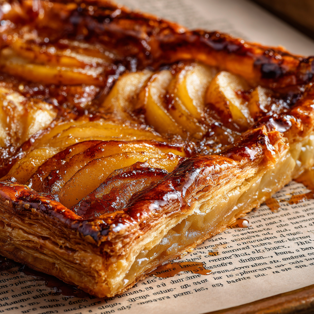 A caramelized pear tart with glossy, golden pears served warm on a plate with a small scoop of vanilla ice cream beside it.