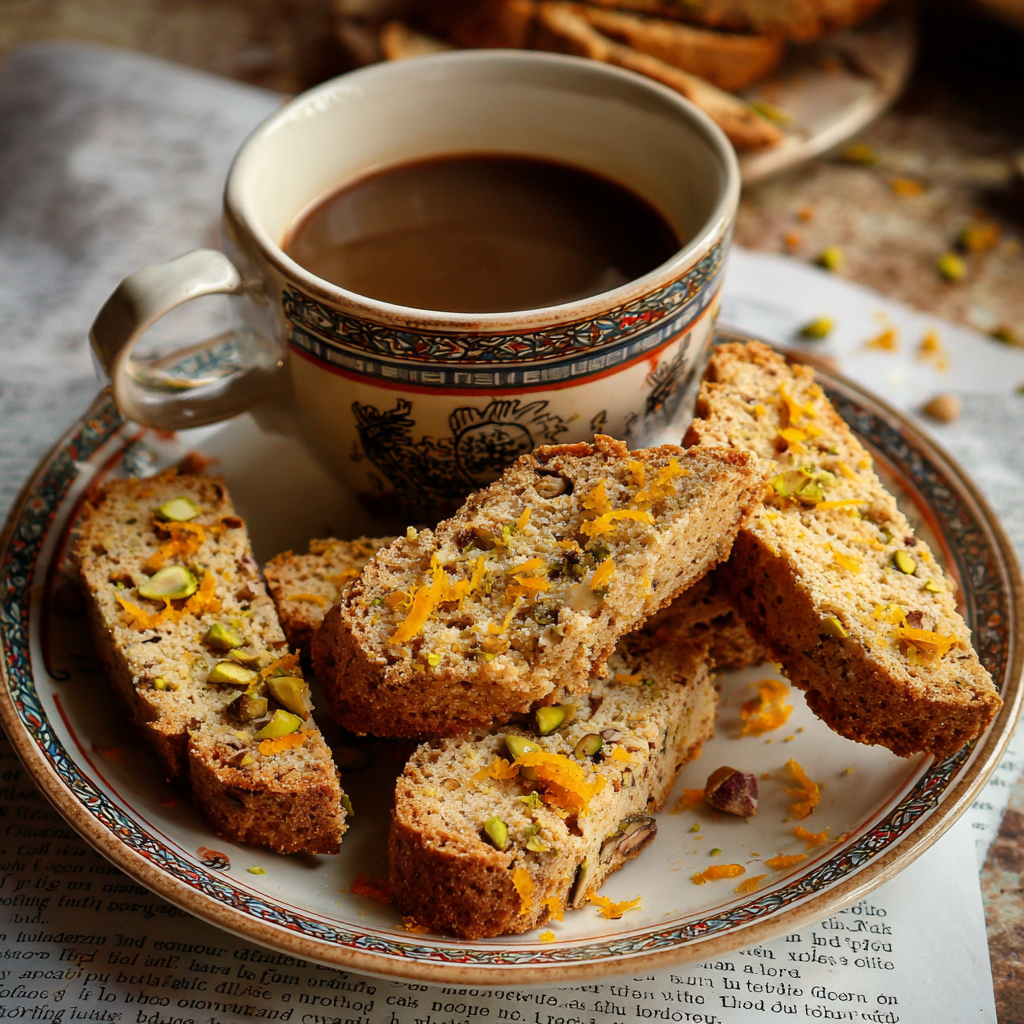 pistachio almond biscotti sprinkled with orange zest and served alongside a cup of cappuccino.