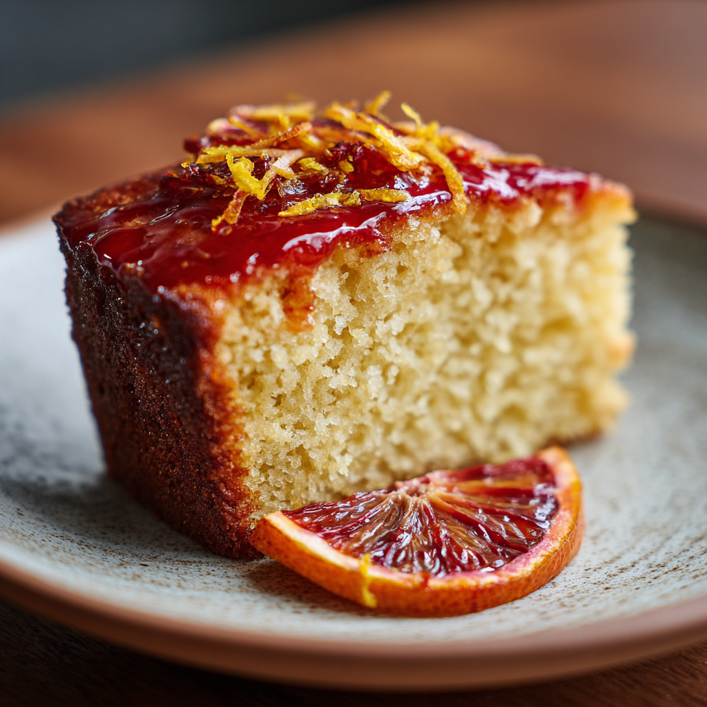 A rustic wooden table with a whole yogurt olive oil cake placed at the center, topped with a delicate blood orange glaze. A knife is placed beside the cake, ready to slice