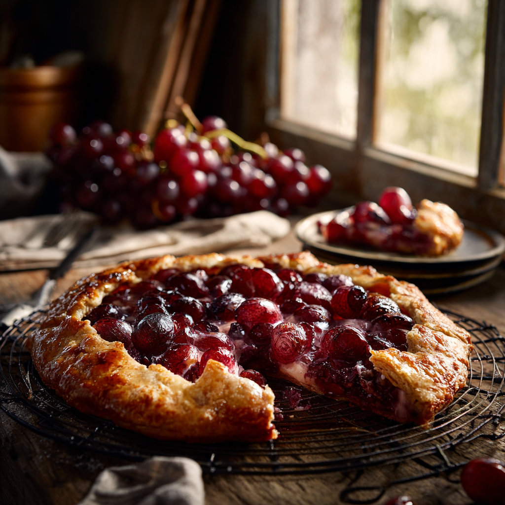 A whole roasted grape crostata cooling on a wire rack with a few slices already cut and placed on a small plate nearby.