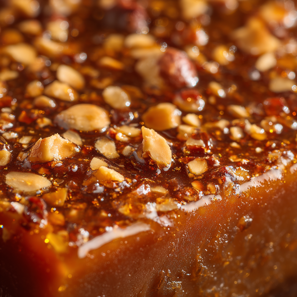 hazelnut praline and amber coffee caramel, showing the texture and shine of the caramel along with the crunchy bits of hazelnuts.