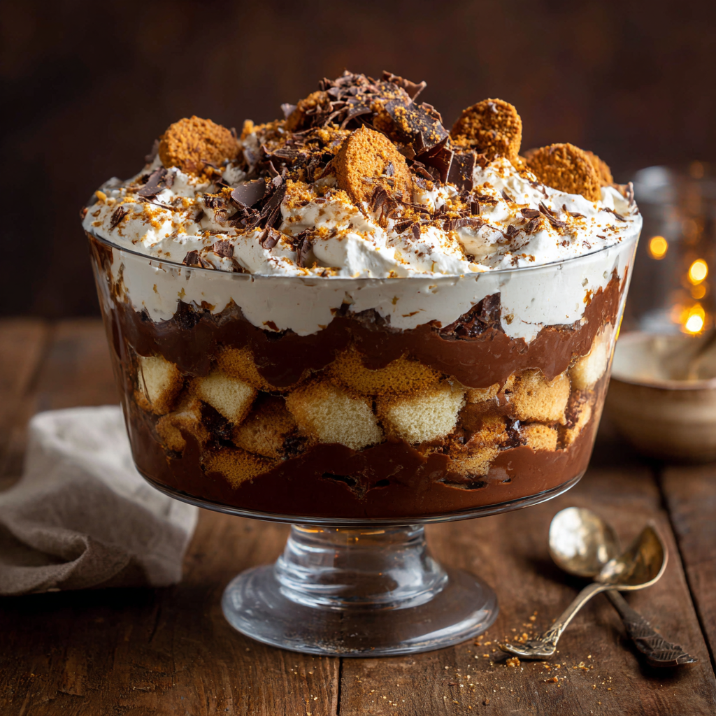 A wide shot of a family-style Amaretti biscuit trifle served in a large glass trifle bowl.