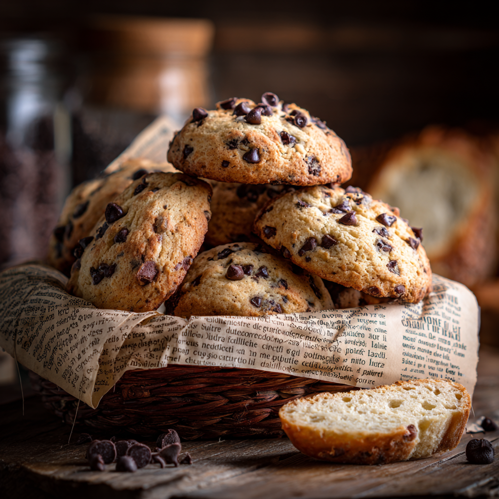 Ricotta Chocolate Chip Cookies stacked in a rustic basket, with a slice of bread beside the cookies to maintain their moisture.