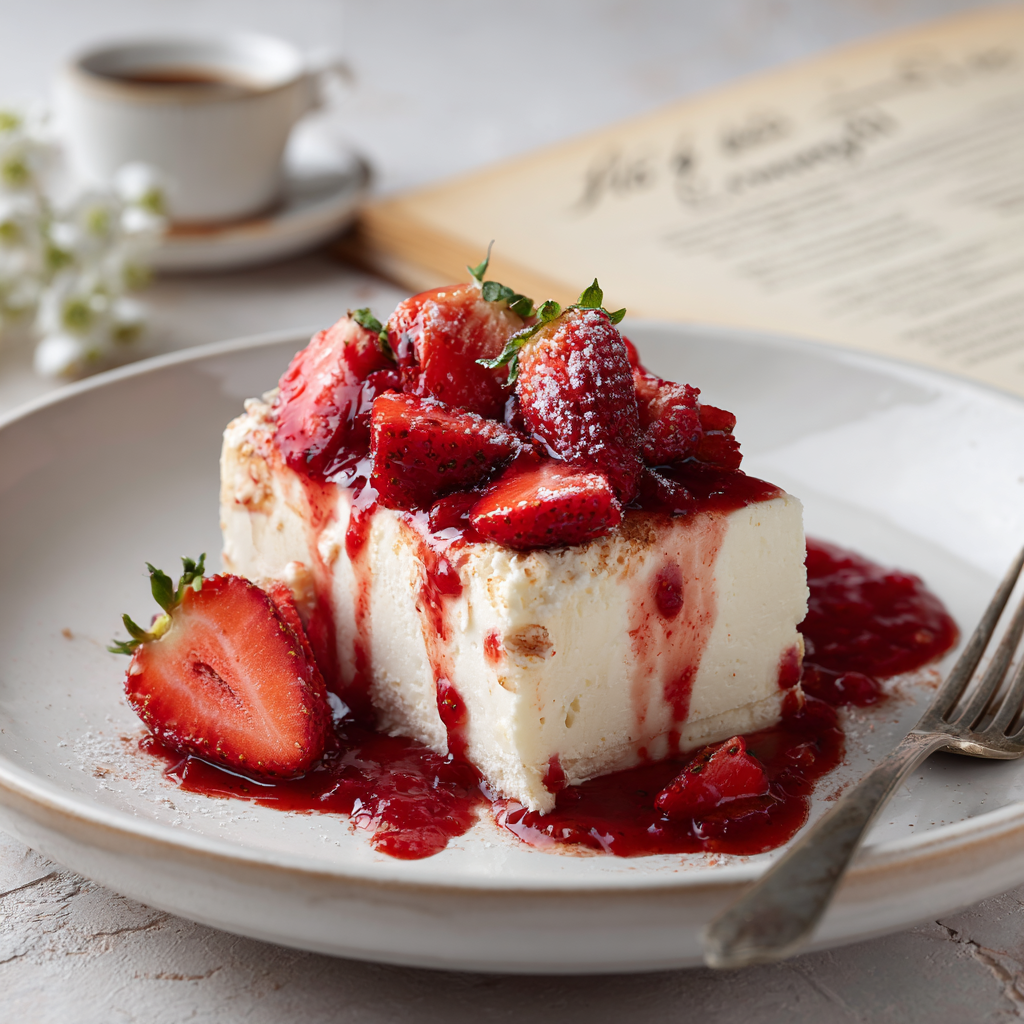 vanilla semifreddo, topped with fresh strawberries and a drizzle of berry sauce.