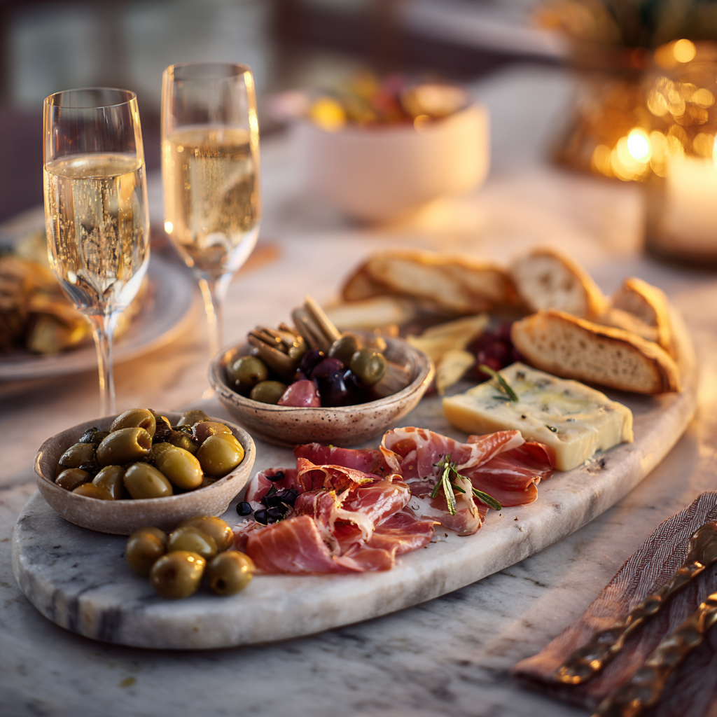 talian antipasto platter served on a marble board at a dining table with small bowls of olives and artichokes