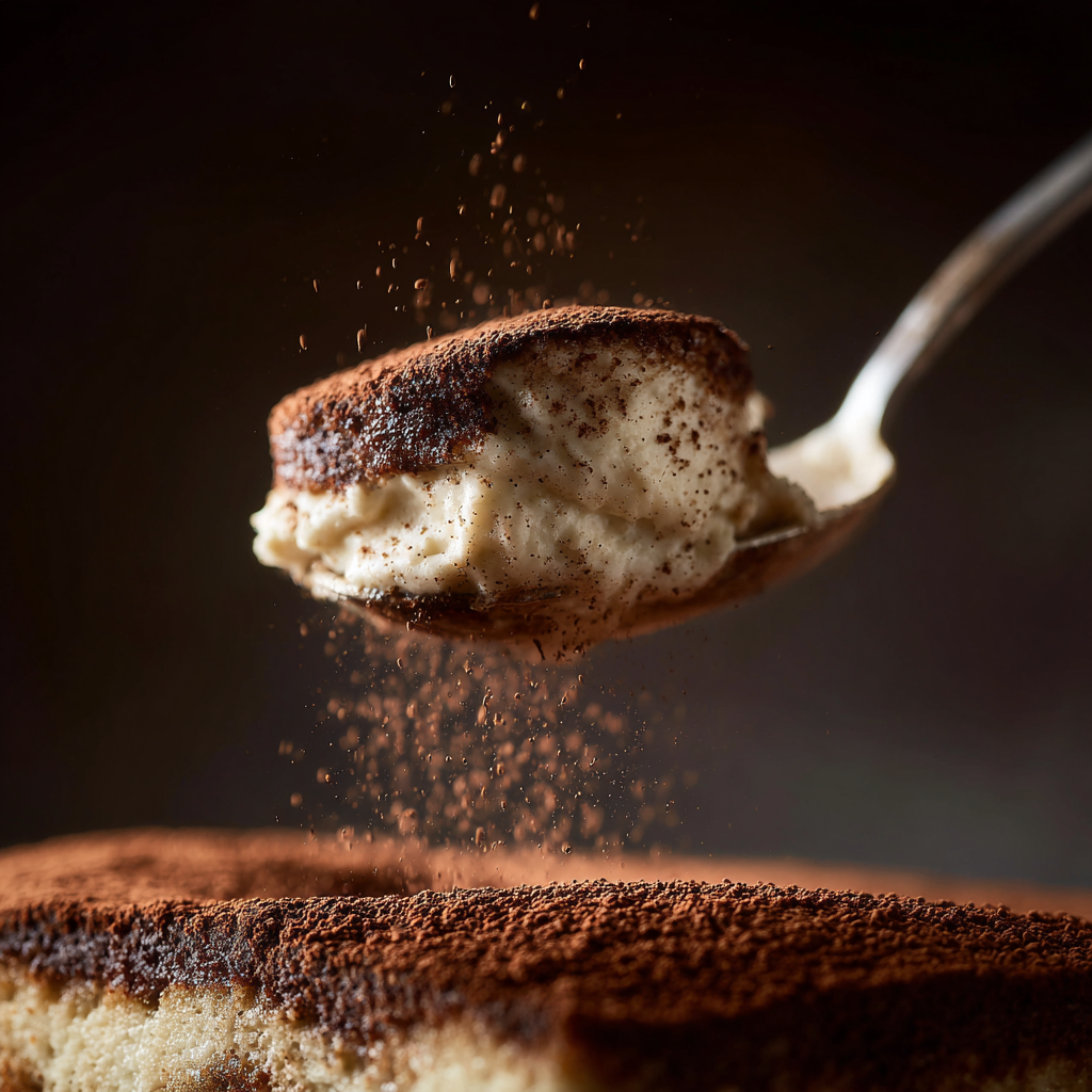 poon scooping vegan tiramisu, creamy cashew mascarpone texture visible