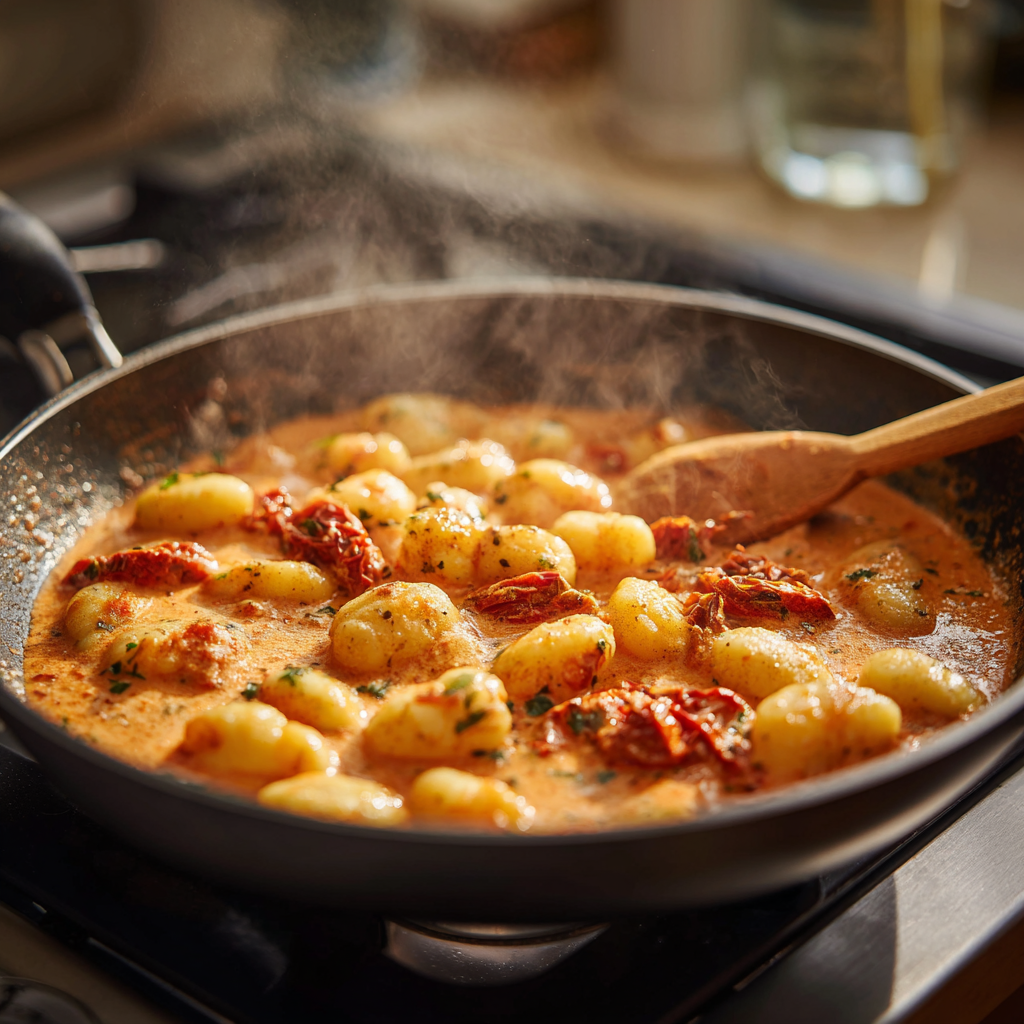 Wide skillet on a stovetop with gnocchi simmering in creamy tomato sauce.